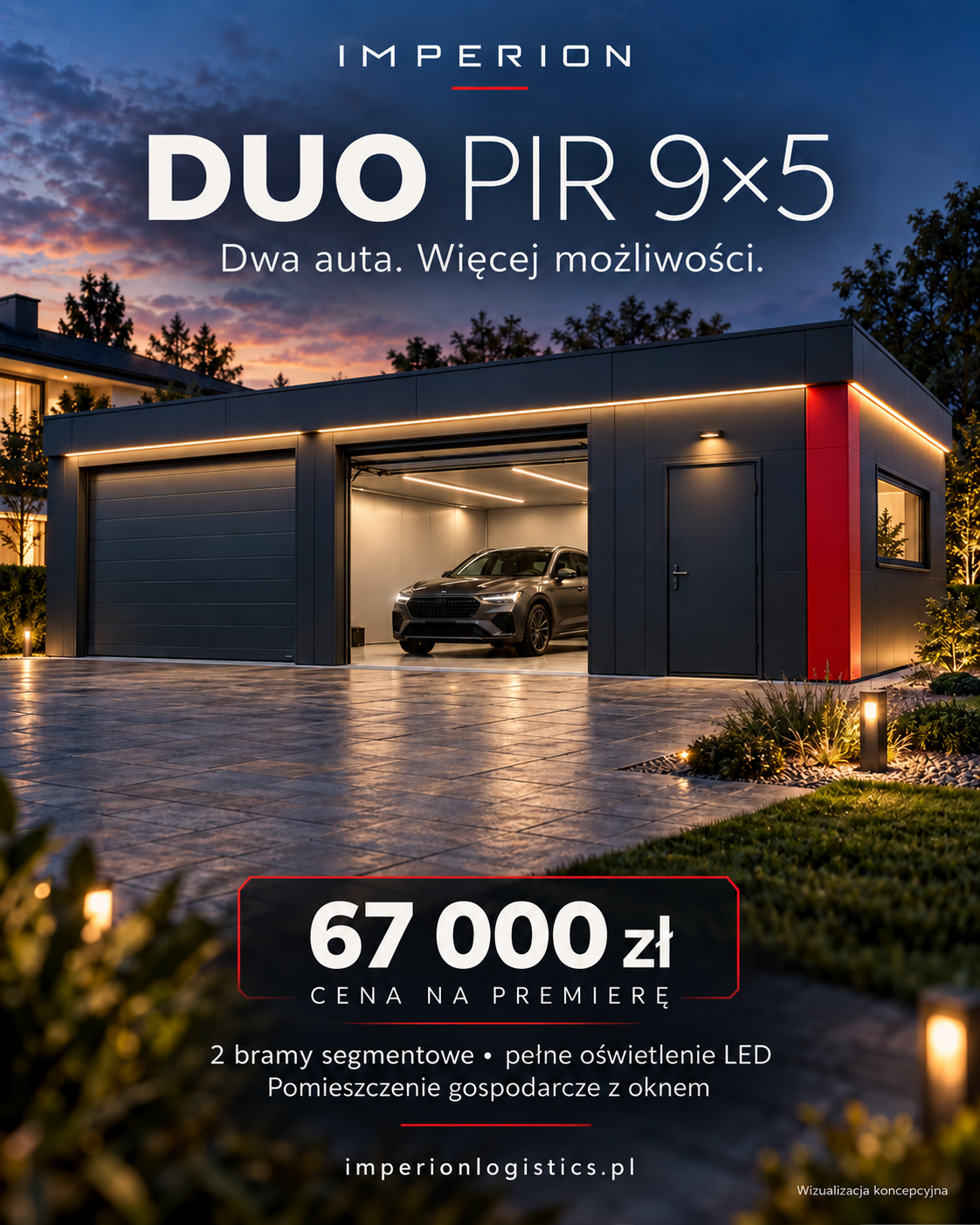 Imperion Duo PIR 9×5 — antracytowy garaż dwustanowiskowy z czerwonym panelem i oświetleniem LED
